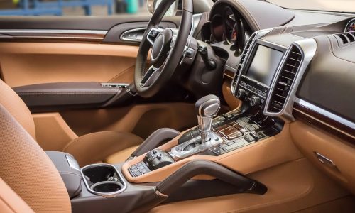 Luxury and modern brown car interior. Inside car.